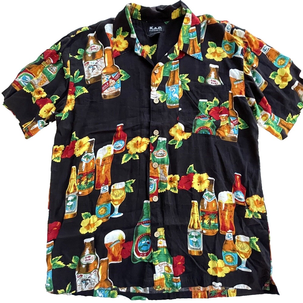 KAD Hawaiian Shirt Mens Large Beer Black Short Sleeve Soft Rayon Bright Tropical